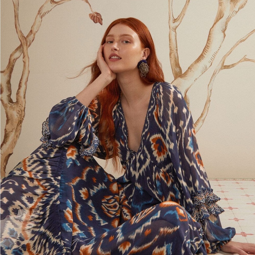 FARM Rio Pineapple Ikat Bohemian Blue and Brown  Maxi Dress NWT - Picture 2 of 6